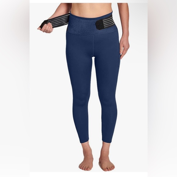 Tommie Copper Adjustable Lower Back Support Leggings 24” Ankle Pockets Navy New - Picture 3 of 6